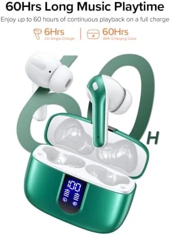Detail shot of the TAGRY Bluetooth Headphones True Wireless Earbuds 60H Playback LED Power features