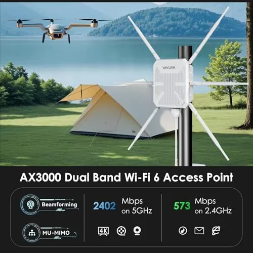 Detail shot of the 2026 AX3000 Outdoor WiFi 6 Extender, WAVLINK Long-Range WiFi Access features