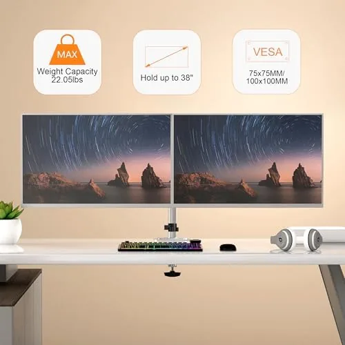 The Pholiten Dual Monitor Stand, Heavy Duty Adjustable Monitor Arm Desk in real use