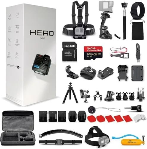 The GoPro Hero Compact camera with its 50-in-1 accessory kit spread on a table