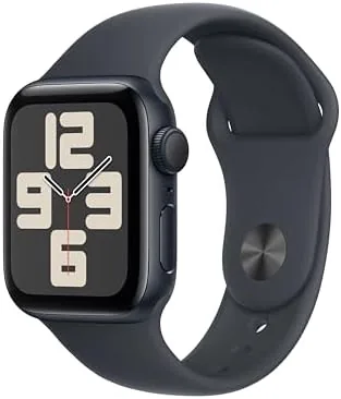 Front view of the Apple Watch SE 2nd Gen in midnight aluminum with the sport band
