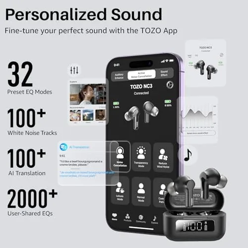 The TOZO Hybrid Active Noise Cancelling in Ear Wireless Earbuds, 68H compared in context