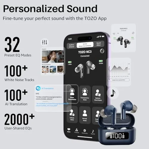 The TOZO Hybrid Active Noise Cancelling in Ear Wireless Earbuds, 68H compared in context