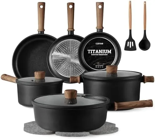 The CAROTE 16 piece titanium non stick cookware set arranged on a kitchen counter