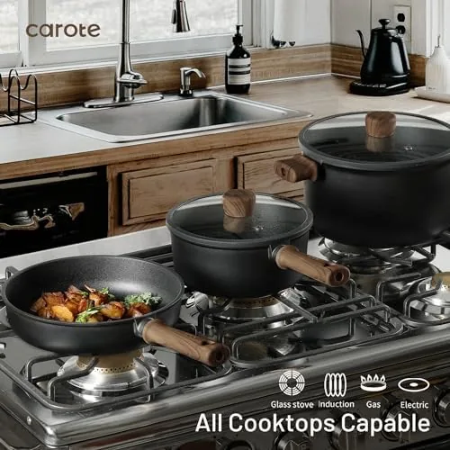 The CAROTE set next to a standard non stick set for comparison