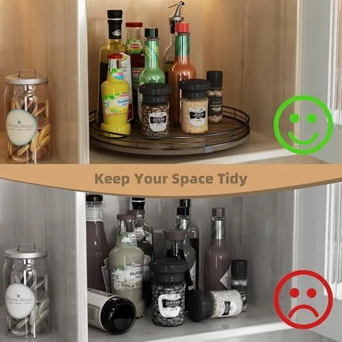 The acacia turntable used on a bathroom vanity with lotion bottles and accessories