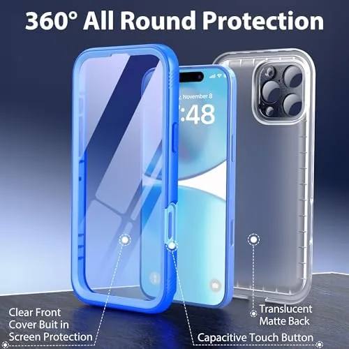 Another view of the SPORTLINK for iPhone 16 Pro Waterproof Case 6.3 Blue/Frosted Clear