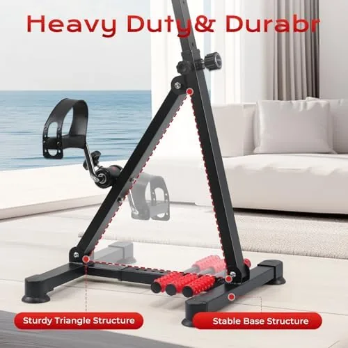 A senior using the pedal exerciser from a chair at home