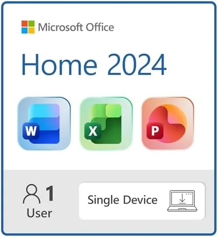 The Microsoft Office Home 2024 product box next to a laptop running Word