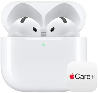 Apple AirPods 4 earbuds resting beside the USB-C charging case