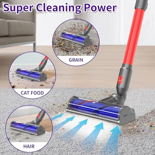 The vacuum head positioned on a carpeted floor showing the roller brush engaging