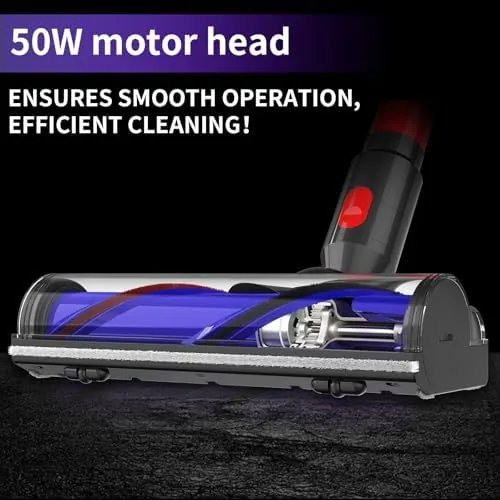 The direct drive head standing on a hardwood floor with a Dyson vacuum body behind it