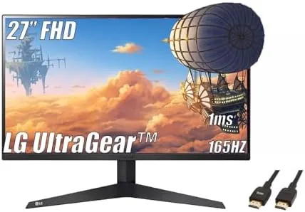 LG 27-inch UltraGear monitor on a desk showing a fast paced game