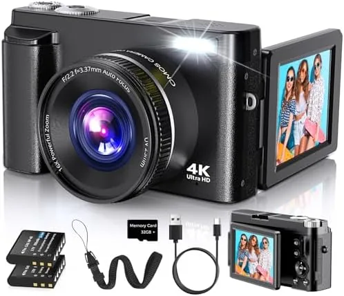 The 4K 48MP vlogging camera with its flip screen open and the included SD card and batteries beside it