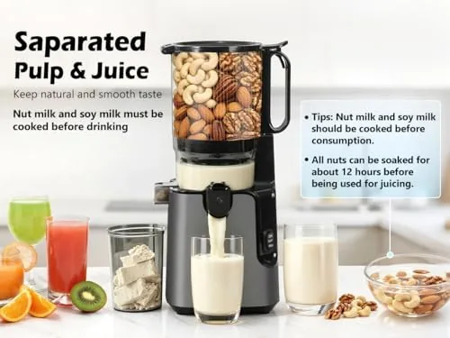 A glass of green juice and a glass of apple juice beside the juicer showing the results
