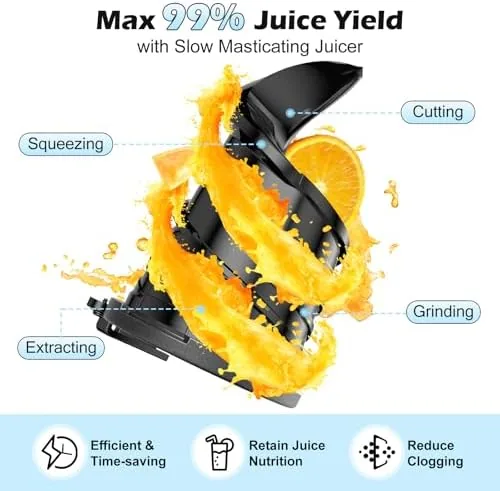 The juicer on a kitchen counter with whole fruit beside it ready to be fed into the chute