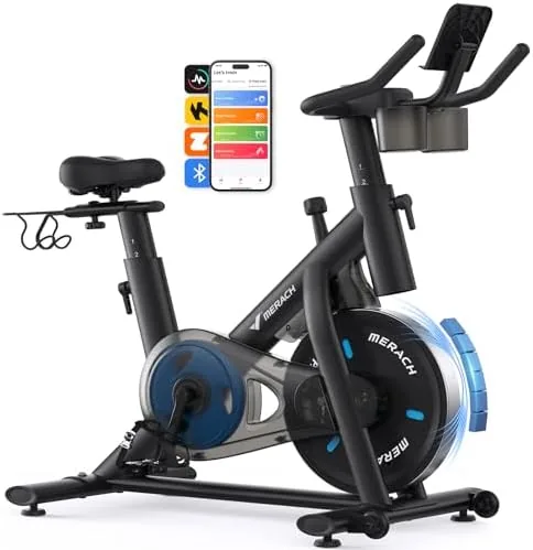 MERACH exercise bike set up in a home living room