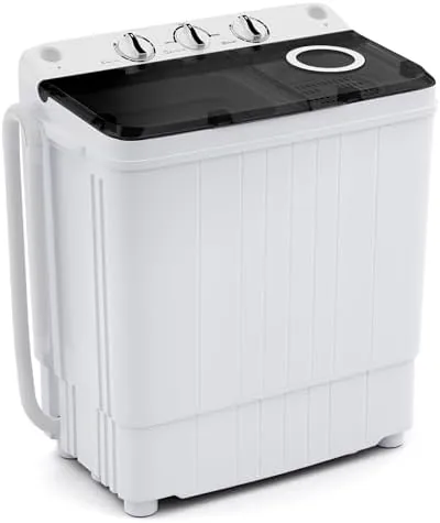 The Giantex twin tub portable washing machine in white and black on a bathroom floor