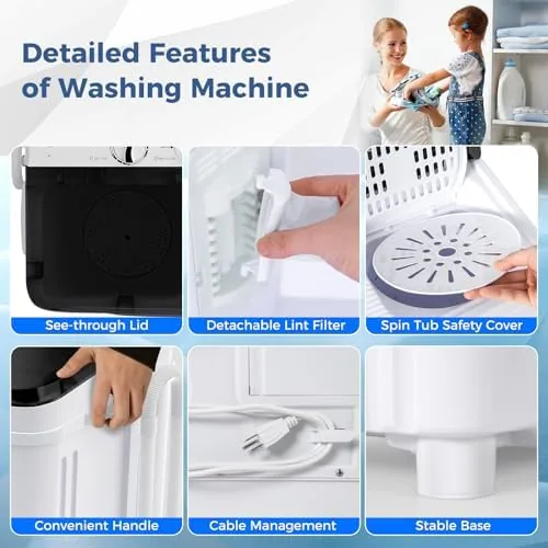 The portable washer set up in a small bathroom with its hose draining into a tub