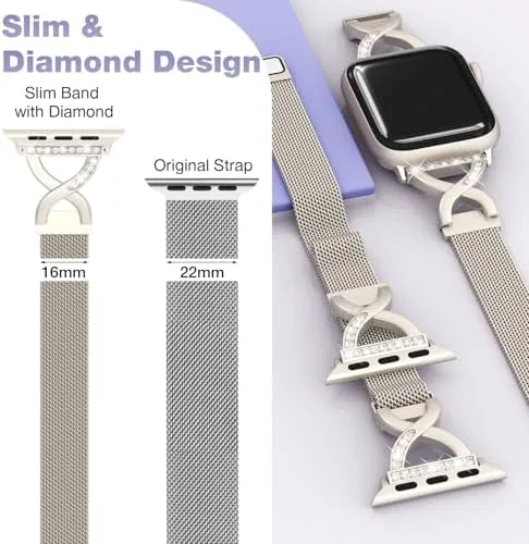 The band laid flat next to an Apple Watch showing the mesh texture and the X clasp