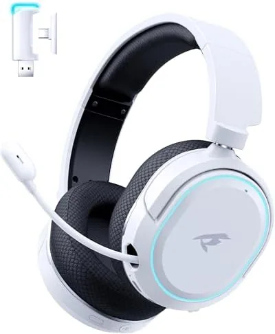 The wireless gaming headset in black and white with the 2.4GHz USB dongle beside it