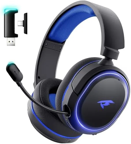Black and blue wireless gaming headset with RGB lighting on the earcups