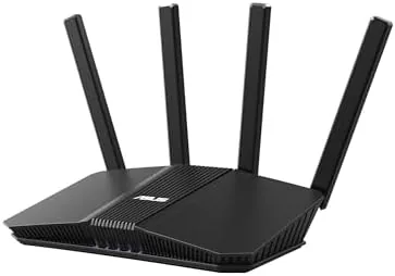 ASUS RT-BE58U router on a desk with its four antennas extended