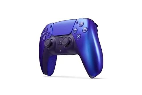 Chroma Indigo controller next to a white DualSense and the Edge model