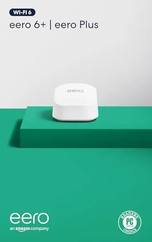 The Amazon eero 6+ mesh node standing on a shelf next to a modem