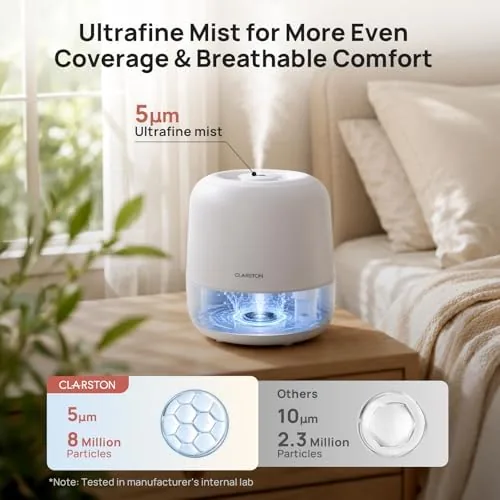 A gentle stream of mist leaving the rotating nozzle aimed toward a crib