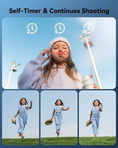 The pink kids camera next to a smartphone and a budget adult camera