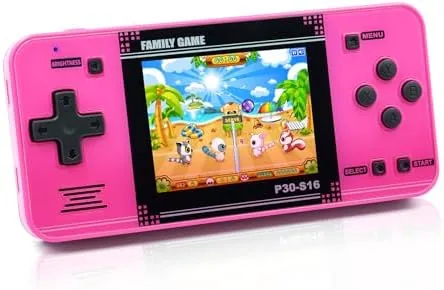 The pink handheld retro game player held in a child's hands