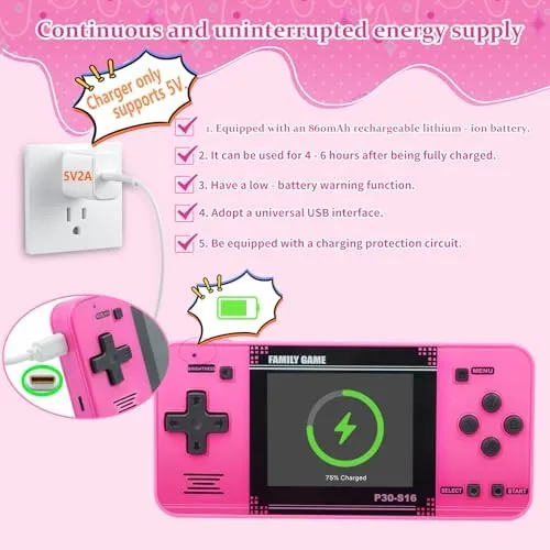 A child playing a platformer game on the pink handheld in the back seat of a car
