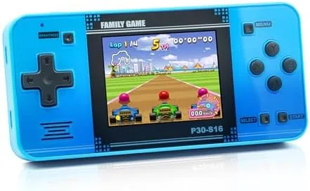 The blue handheld retro game player sitting on a table with its screen lit