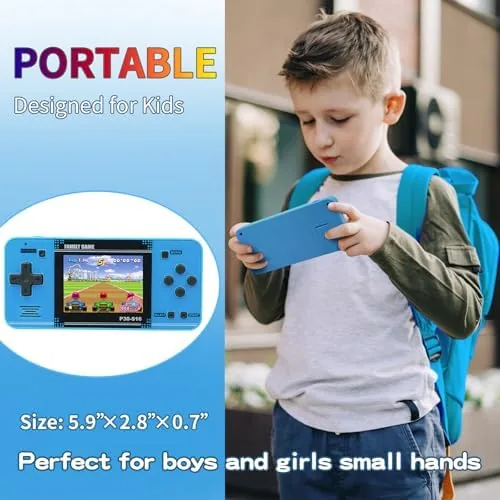 A retro space shooter game displayed on the blue handheld's LCD screen