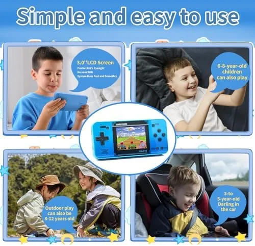 The blue retro handheld next to a Nintendo Switch and a tablet