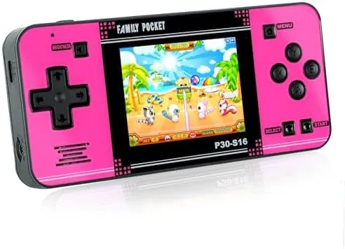 The blue handheld charging on a shelf with its screen showing the game menu