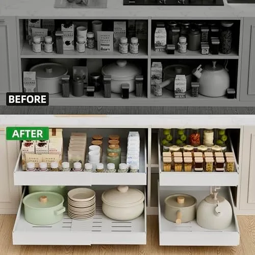 The organizer drawer pulled fully out and loaded with canned goods