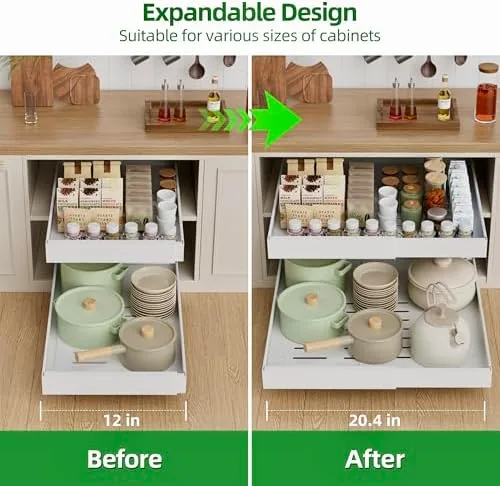 A pantry drawer filled with stacked cans and glass jars on the organizer