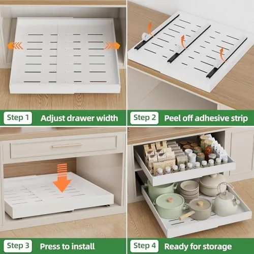 Multiple PAKETA organizers installed across a row of kitchen base cabinets