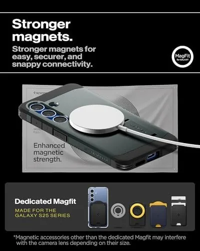 The Spigen for Galaxy S25 Case, Tough Armor MagFit [Kickstand] [Compatible compared in context