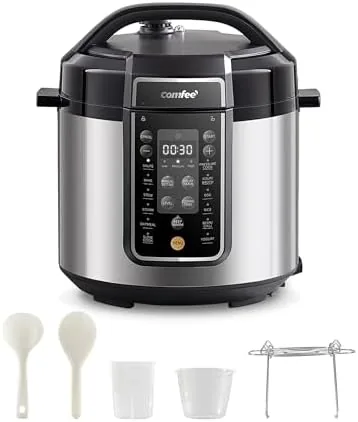 The COMFEE\' 6 quart pressure cooker on a kitchen counter with the lid in place