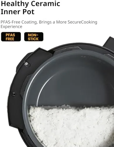 The COMFEE\' cooker next to a basic pressure cooker and a premium multicooker