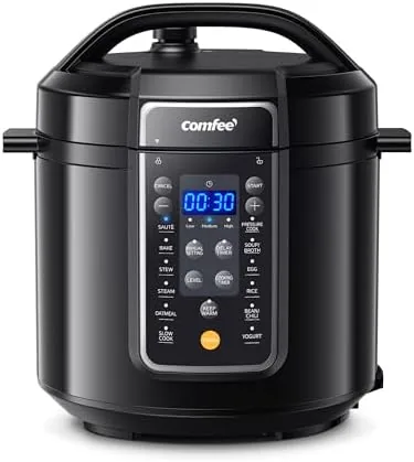 The COMFEE\' 12-in-1 electric pressure cooker with the digital panel glowing