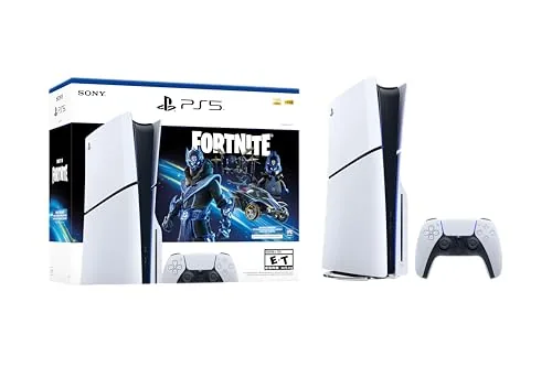 The PS5 Fortnite Cobalt Star Disc Edition console with its matching controller