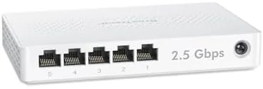 The BrosTrend 5 port 2.5Gb switch connected to a router and a NAS on a desk
