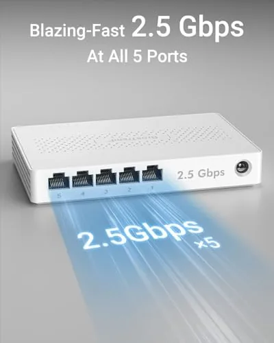 Close up of the five RJ45 ports and the status LEDs on the BrosTrend switch