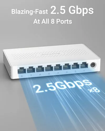 Close up of the eight RJ45 ports and LED indicators on the BrosTrend switch
