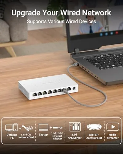 The switch sitting on a shelf connected to a router, a NAS, and a game console
