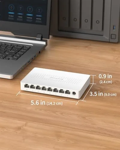The switch in operation with multiple active ports and activity LEDs blinking